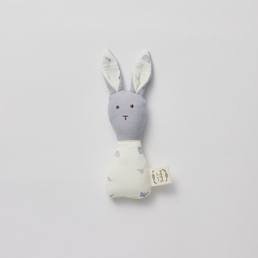 Organic Muslin Bunny Rattle Enchanted Garden + Frost Blue