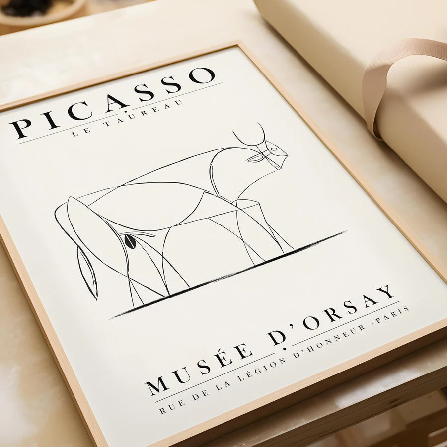 Abstract Bull Line Art by Pablo Picasso | A2 | Oak Box Frame