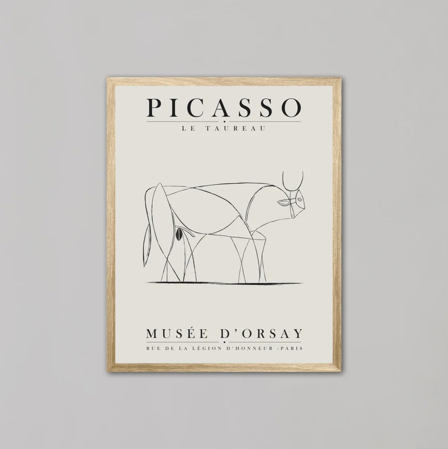 Abstract Bull Line Art by Pablo Picasso | A2 | Oak Box Frame