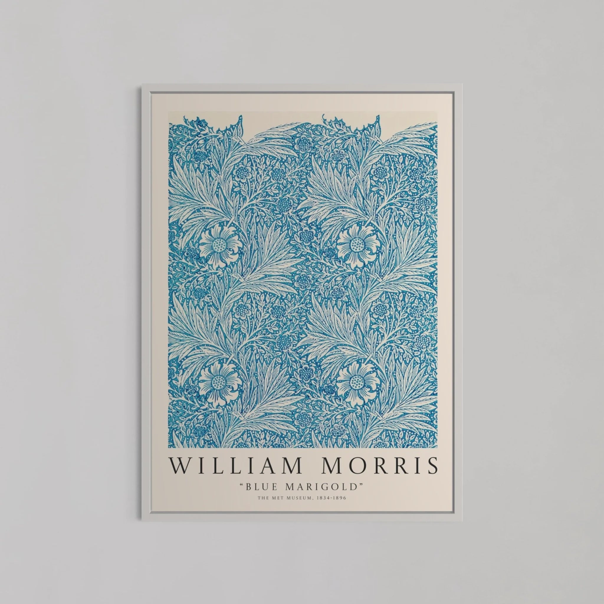 Blue Marigold Pattern Wall Art by William Morris | White Box Frame | A1