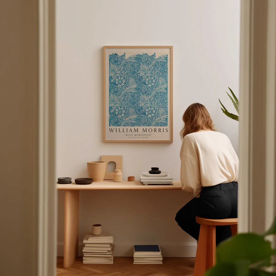 Blue Marigold Pattern Wall Art by William Morris | Oak Box Frame | A2