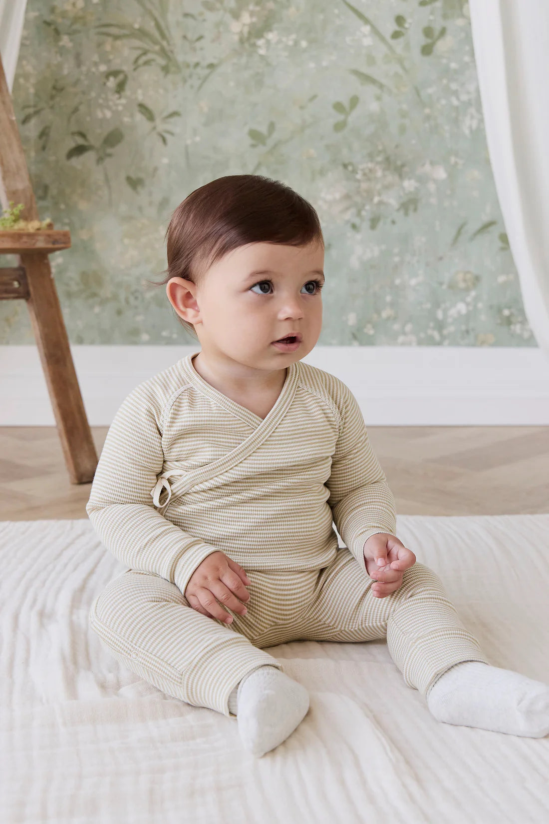 Organic Cotton Fine Rib Micah Wrap Onepiece - Petite Stripe Hay/Cloud