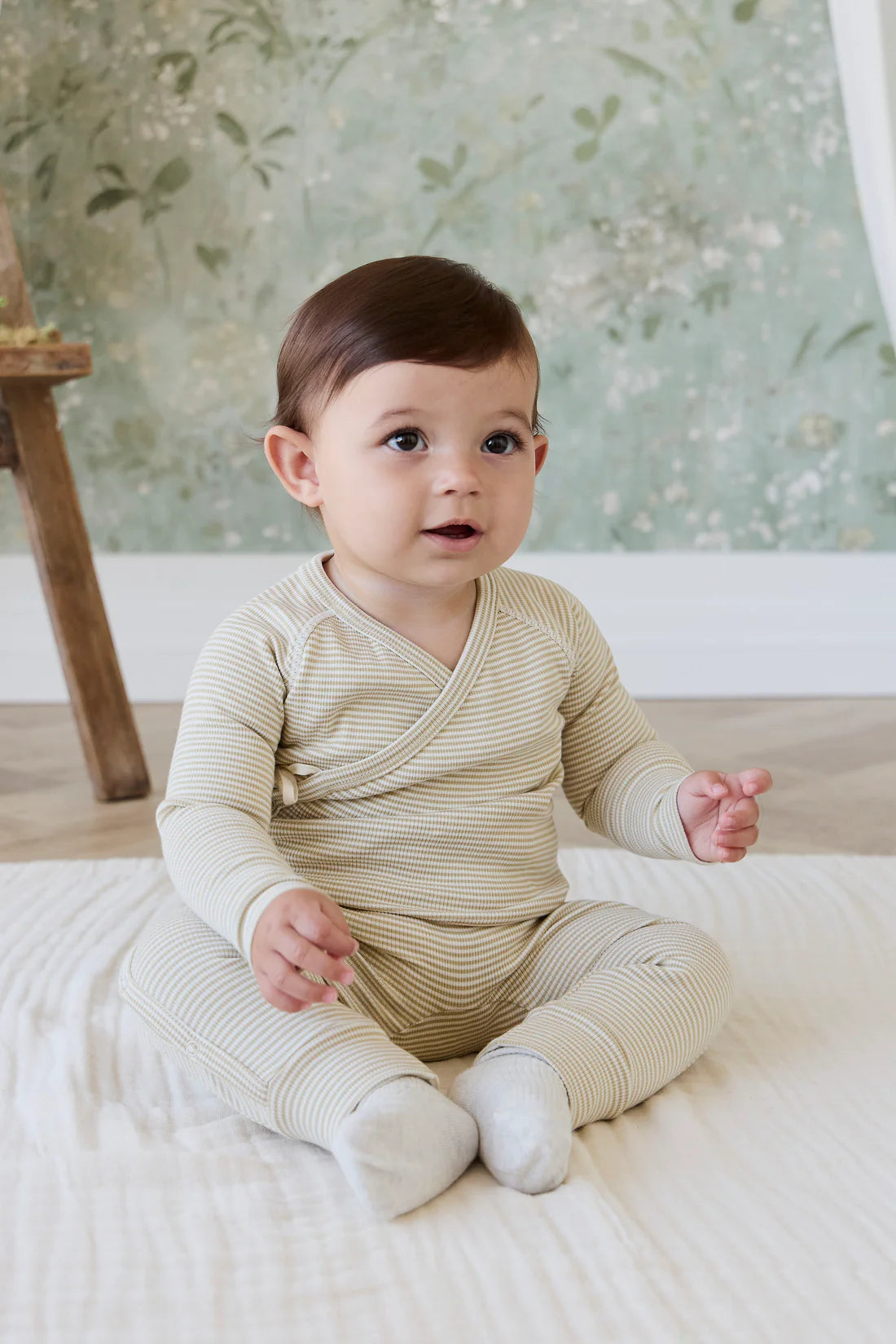 Organic Cotton Fine Rib Micah Wrap Onepiece - Petite Stripe Hay/Cloud