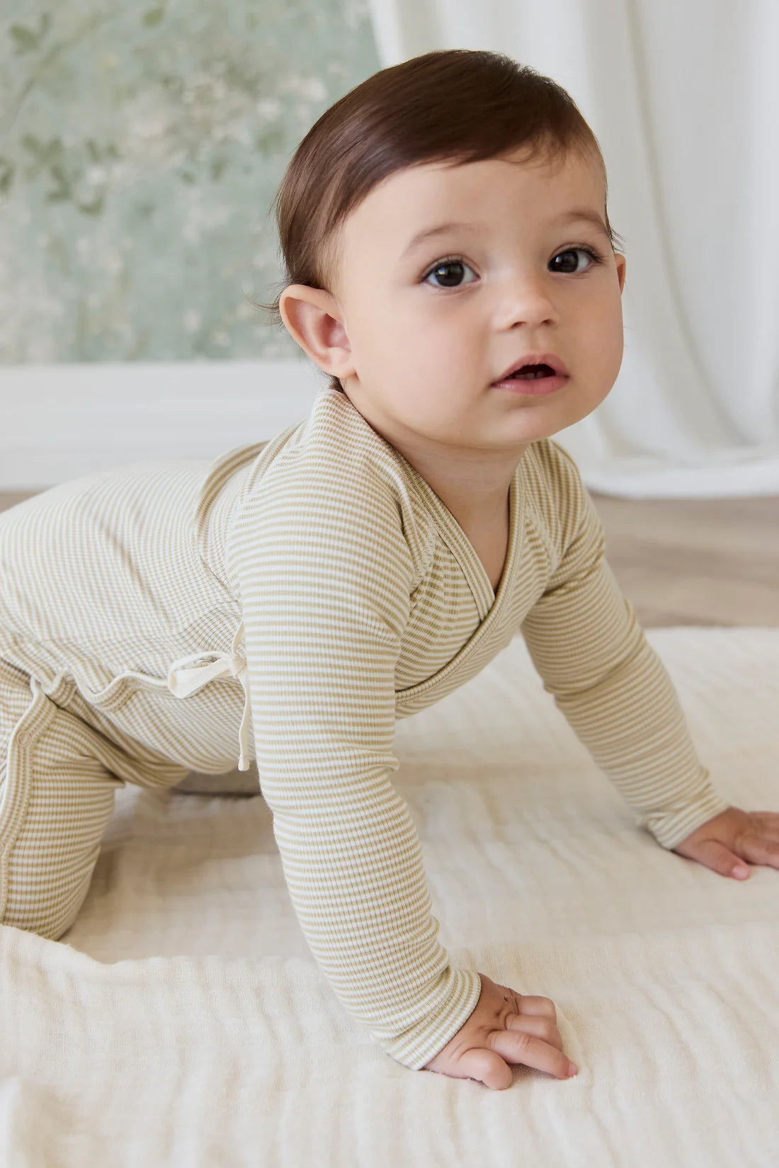 Organic Cotton Fine Rib Micah Wrap Onepiece - Petite Stripe Hay/Cloud