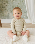 Organic Cotton Fine Rib Micah Long Sleeve Playsuit - Petite Stripe Hay/Cloud