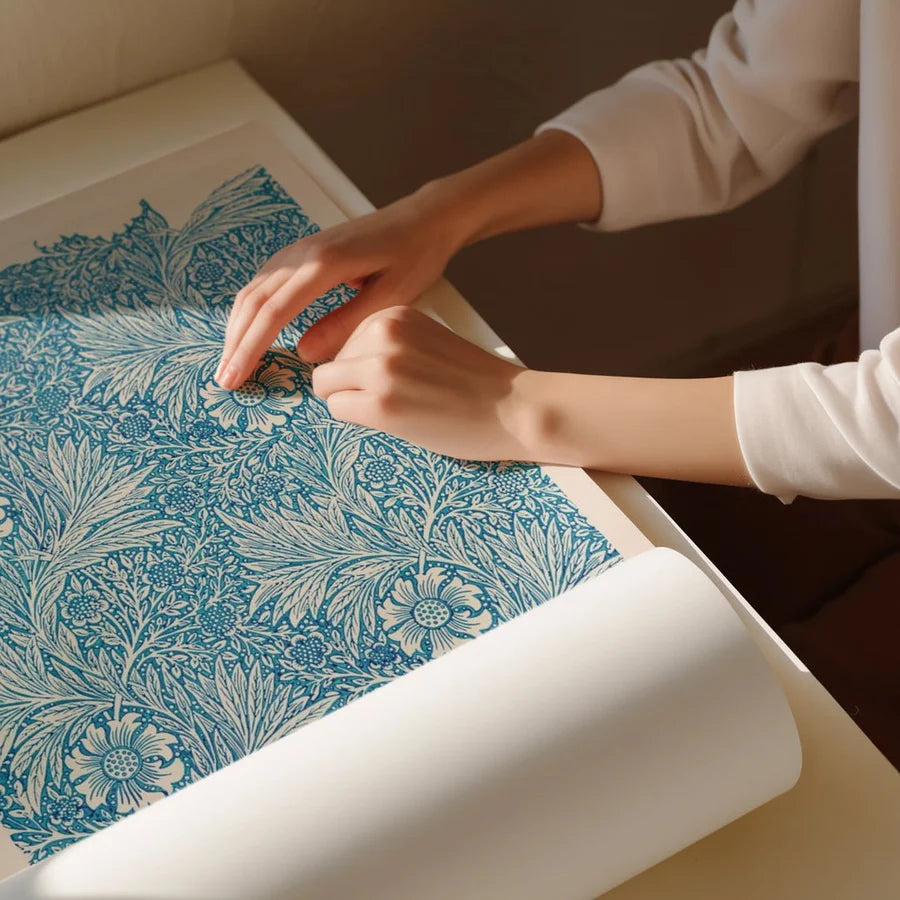 Blue Marigold Pattern Wall Art by William Morris | Oak Box Frame | A1