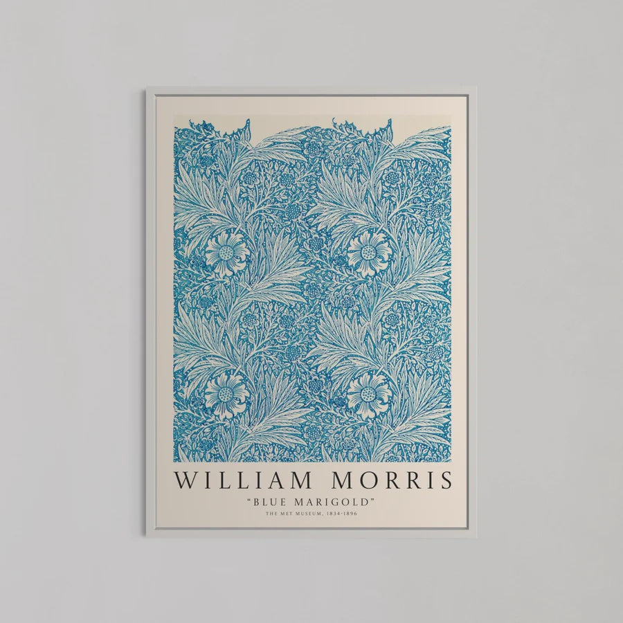 Blue Marigold Pattern Wall Art by William Morris | White Box Frame | A2