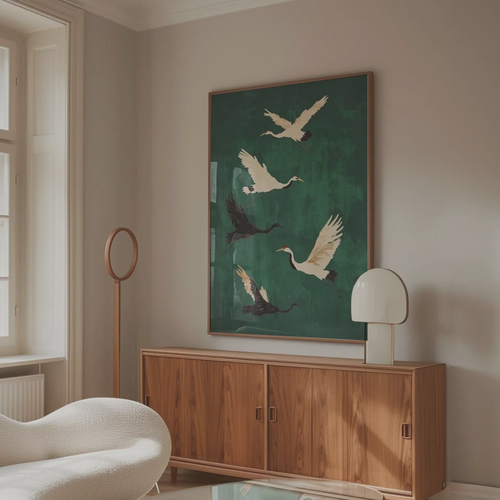 Five Crane Emerald Flying | A2 | Oak Box Frame